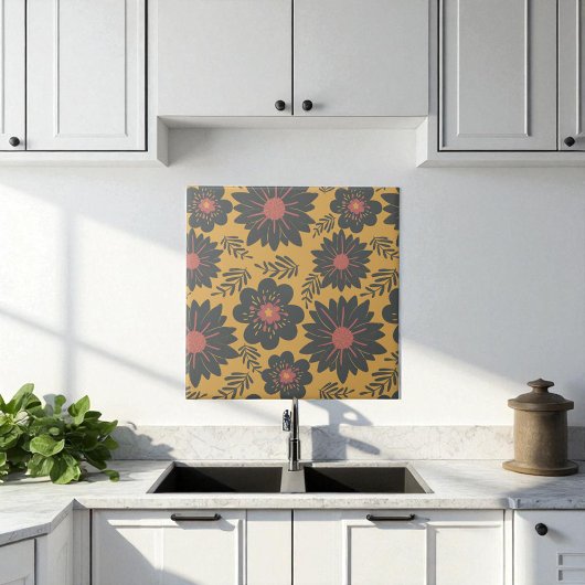 Retro Vintag Senf Schwarzer Roter Flor Fliese