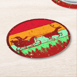 Retro Vintag Sunset Santa Sleigh Rentier Runder Pappuntersetzer