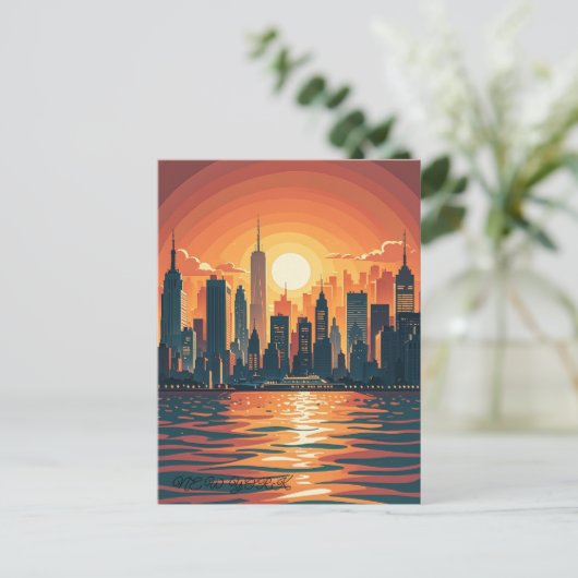 Retro Vintag Sunset über Manhattan Postkarte (Stehend Vorderseite)