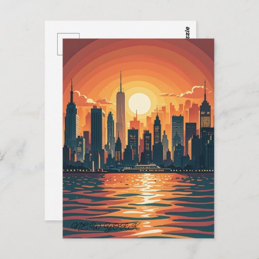 Retro Vintag Sunset über Manhattan Postkarte (Vorne/Hinten)