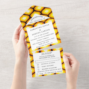 Retro Vintage 1960er 1970er Farbige Muster Hochzei All In One Einladung