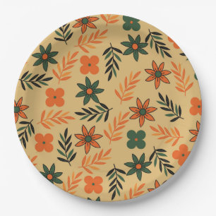 Retro Vintage 70er floral Blumenblattmuster Pappteller