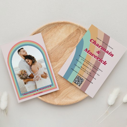 Retro Vintage 70er Jahre Rainbow Foto Wedding Einladung