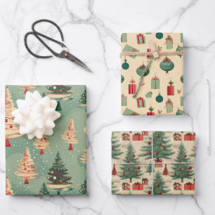 Retro Vintage Abstrakte Nostalgie Winterweihnachtl Geschenkpapier Set