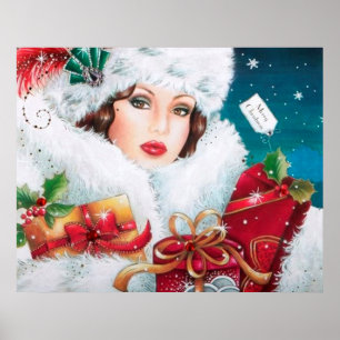 Retro-Vintage-Art-Déco-Dame-Weihnachtsposter Poster