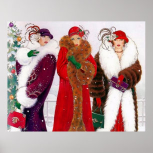 Retro-Vintage-Art-Déco-Weihnachtsplakat Damen Poster