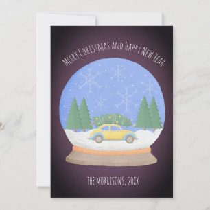 Retro Vintage Auto Weihnachtsbaum in Schneekugel Feiertagskarte