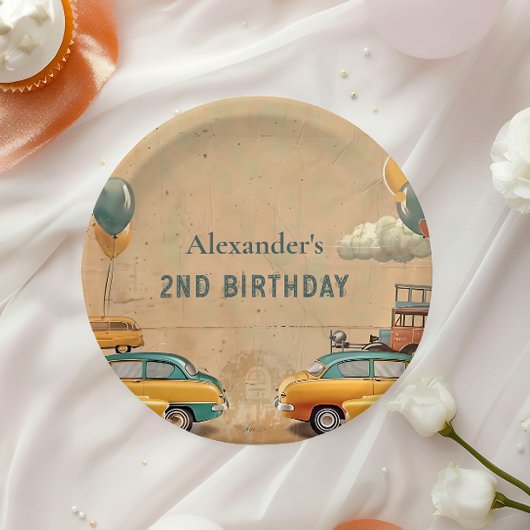 Retro-Vintage-Auto-Zwei-Schnell-Geburtstag Pappteller