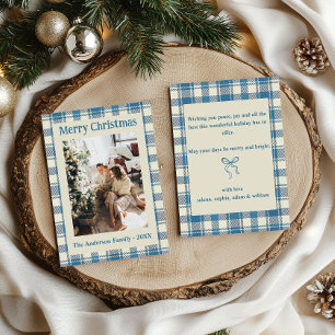 Retro Vintage Blau Kariert Familienweihnachten Feiertagskarte