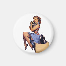Retro Vintage Braunhaariges Pin-Up-Girl mit Welpen