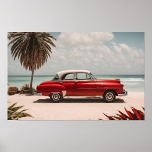 Retro Vintage Car on Beach Art Poster