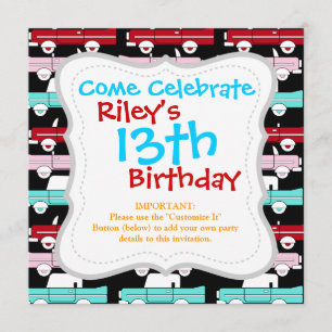 Retro Vintage Cars Rosa Rosa Türkisblau Frisierte Einladung