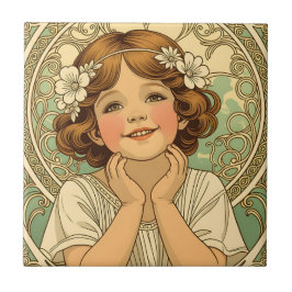 retro Vintage Child With Flowers Fliese