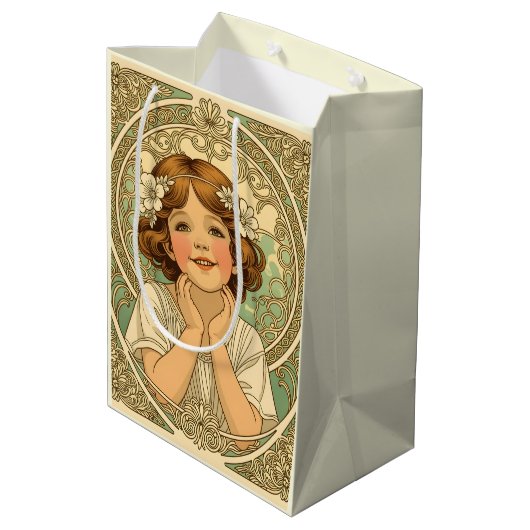 retro Vintage Child With Flowers Mittlere Geschenktüte (Rückseite Schrägansicht)