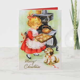Retro vintage Christmas baking girl add message Feiertagskarte