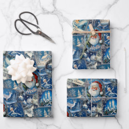 Retro Vintage Christmas: Blue Collage Geschenkpapier Set