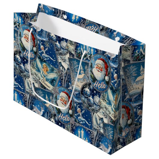 Retro Vintage Christmas: Blue Collage Große Geschenktüte (Vorderseite Schrägansicht)
