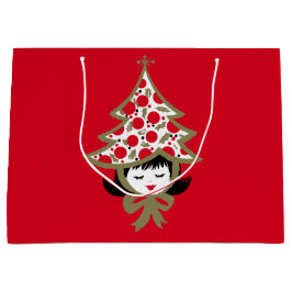 Retro Vintage Christmas Girl mit Baumhut Große Geschenktüte