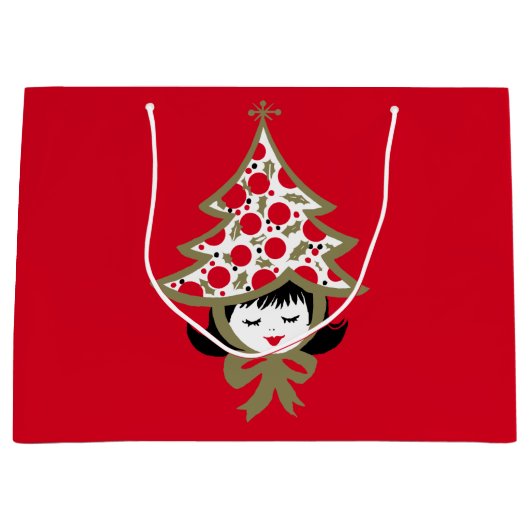 Retro Vintage Christmas Girl mit Baumhut Große Geschenktüte (Vorderseite)