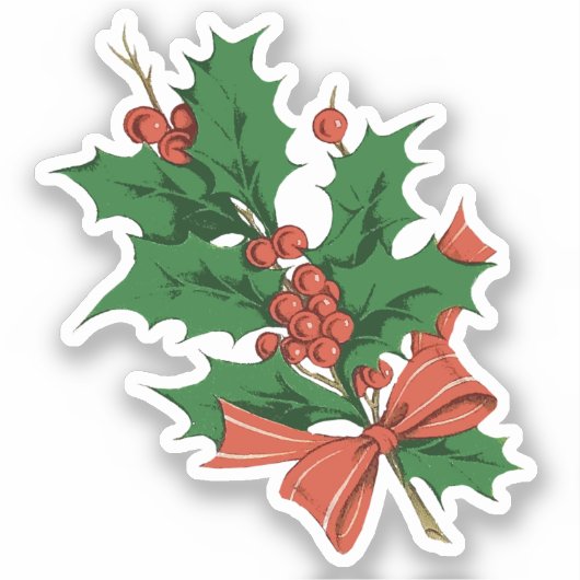 Retro Vintage Christmas Holly and Bow Aufkleber (Vorderseite)