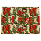 Retro Vintage Christmas Stockings Green Große Geschenktüte (Vorderseite)