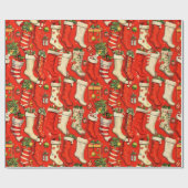 Retro Vintage Christmas stockings Red Geschenkpapier (Flach)