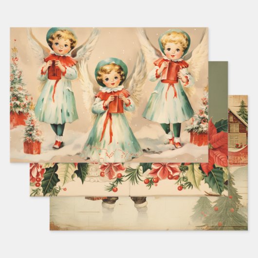 Retro Vintage Christmas Trio Style A Geschenkpapier Set (Set)