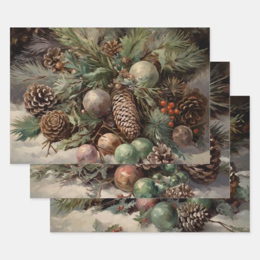 Retro Vintage Christmas Trio Style N Geschenkpapier Set (Set)