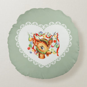 Retro-Vintage-Coquette-Pastell-Baby-Tiere-Hirsche Rundes Kissen