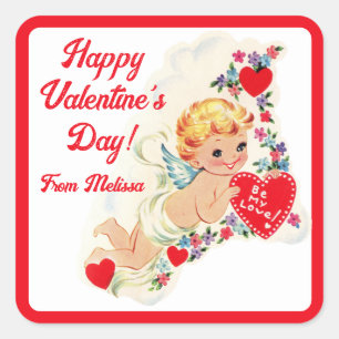 Retro Vintage Cupid Benutzerdefinierter Froher Val Quadratischer Aufkleber