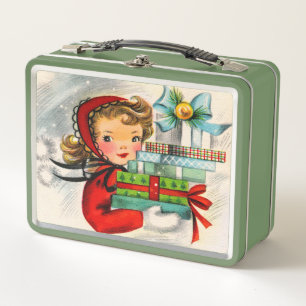 retro vintage Einkaufsdame Weihnachten Metall Brotdose