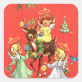 Retro Vintage Engel und Rentiere Quadratischer Aufkleber (Vorderseite)