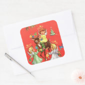 Retro Vintage Engel und Rentiere Quadratischer Aufkleber (Umschlag)