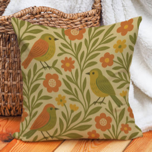 Retro Vintage Erde Ton Oliv Orange Gold Vögel Kissen