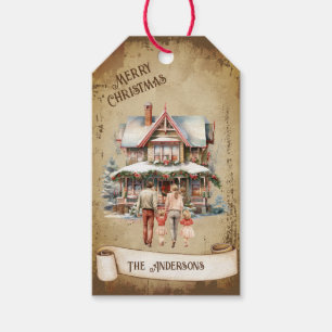 Retro Vintage Familie Neues Haus Frohe Weihnachten Geschenkanhänger