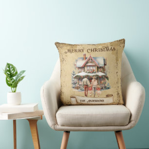Retro Vintage Familie Neues Haus Frohe Weihnachten Kissen