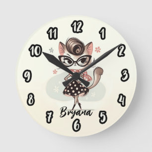 Retro Vintage feminine Kitten mit katzenbrille Runde Wanduhr