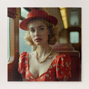 Retro Vintage-Frau im Zug Puzzle