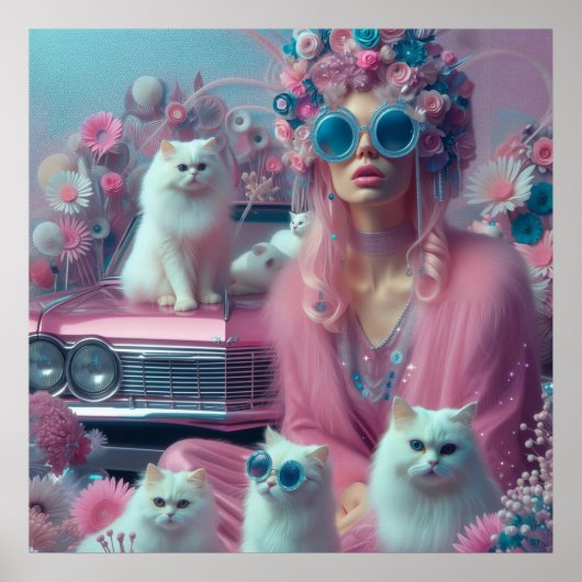 Retro Vintage Frau mit weißen Katzen Poster (Vorne)