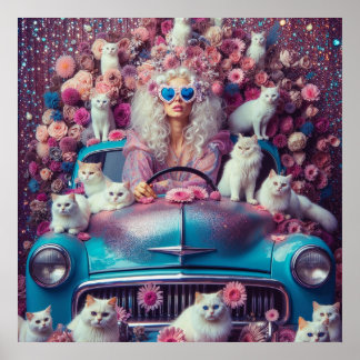 Retro Vintage Frau mit weißen Katzen Poster
