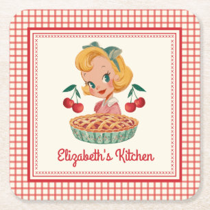 Retro Vintage Gingham Rot Kirsche Rechteckiger Pappuntersetzer
