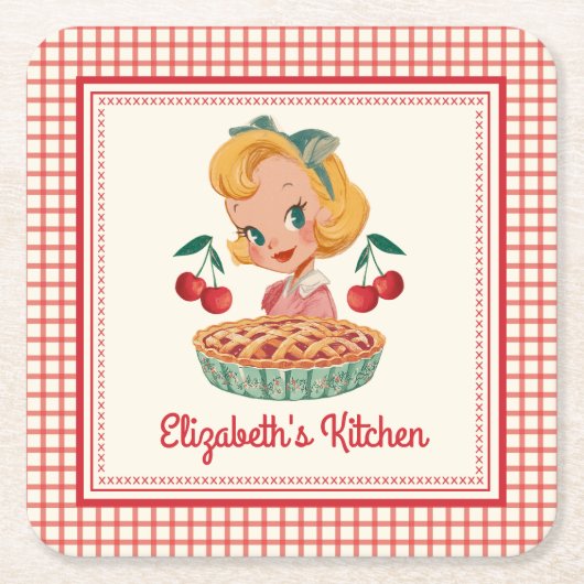 Retro Vintage Gingham Rot Kirsche  Rechteckiger Pappuntersetzer (Vorderseite)