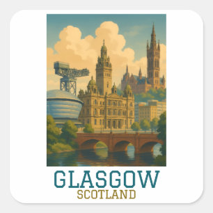 Retro Vintage Glasgow Schottland Stadtansicht Reis Quadratischer Aufkleber