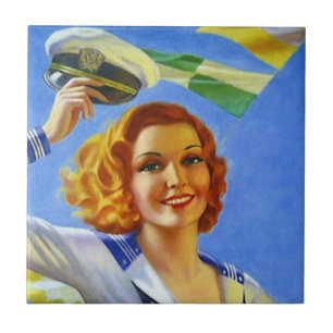 Retro-Vintage-glückliche-Seglerinnen-Mädchen-Dame- Fliese