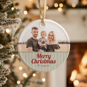 Retro Vintage Grün Streifen Rot Frohe Weihnachten Keramik Ornament