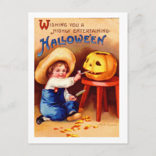 Retro Vintage Halloween Jungen Kürbis Postkarte