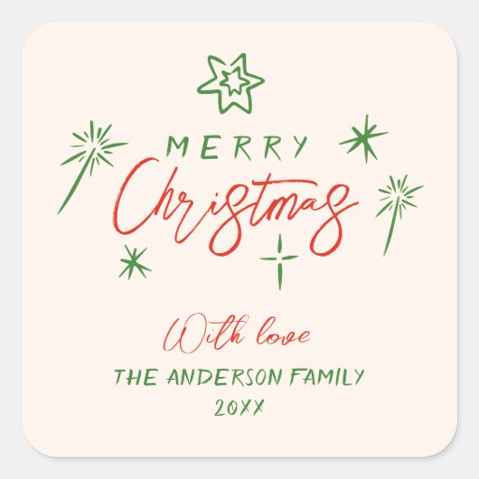 Retro Vintage handgezeichnete Stars Frohe Weihnach Quadratischer Aufkleber (Vorderseite)