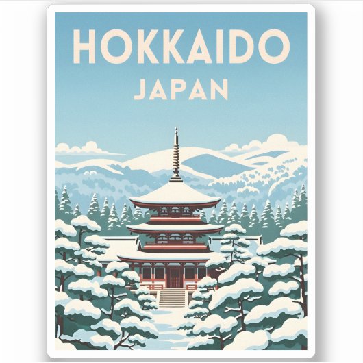 Retro Vintage Hokkaido Japan Winter Landschaftlich Aufkleber (Vorderseite)