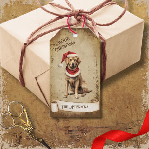 Retro-Vintage-Hund mit roter Weihnachtsmütze Geschenkanhänger
