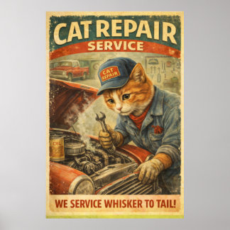Retro-Vintage-Katze-Mechaniker-Plakat Wandkunst Poster